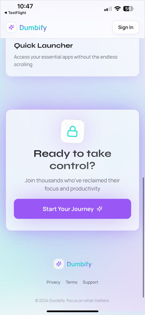 Dumbify – Minimal Launcher - Dumbify app interface showing a call to action to start a digital minimalism journey