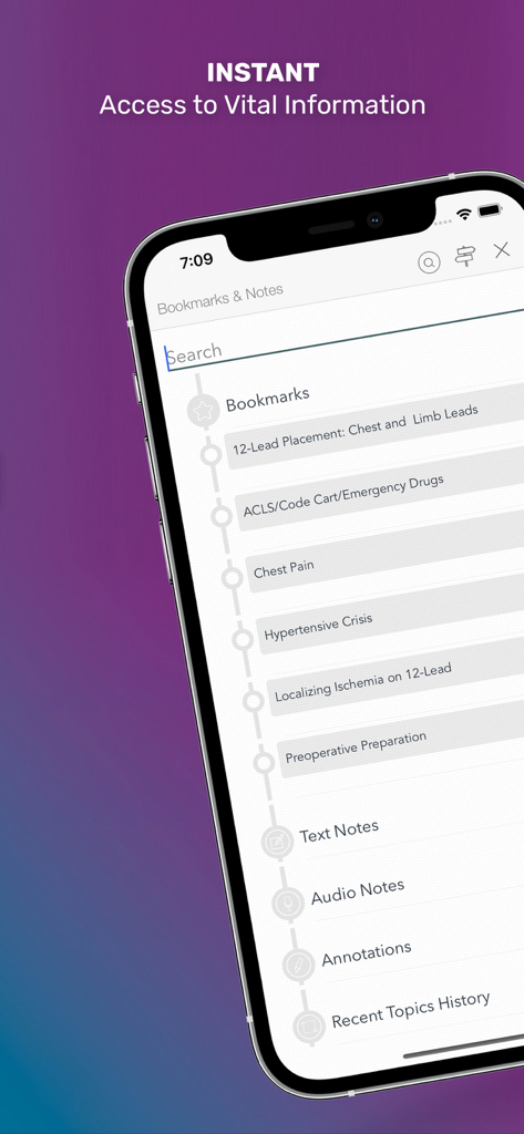 MedSurg Notes: Nurse Pkt Guide - La aplicación MedSurg Notes muestra marcadores y notas para un acceso rápido a información médica.