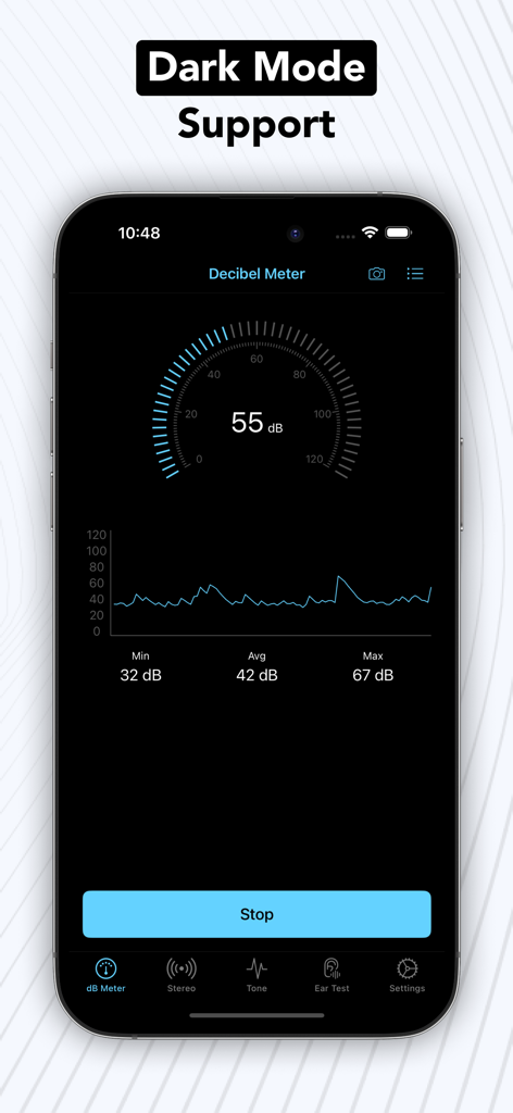 Decibel - dB Sound Level Meter - Decibel Sound Level Meter app interface featuring dark mode support and noise measurement data