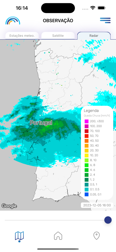 Meteo IPMA - Rainfall radar map of Portugal in the Meteo IPMA application showing precipitation intensity