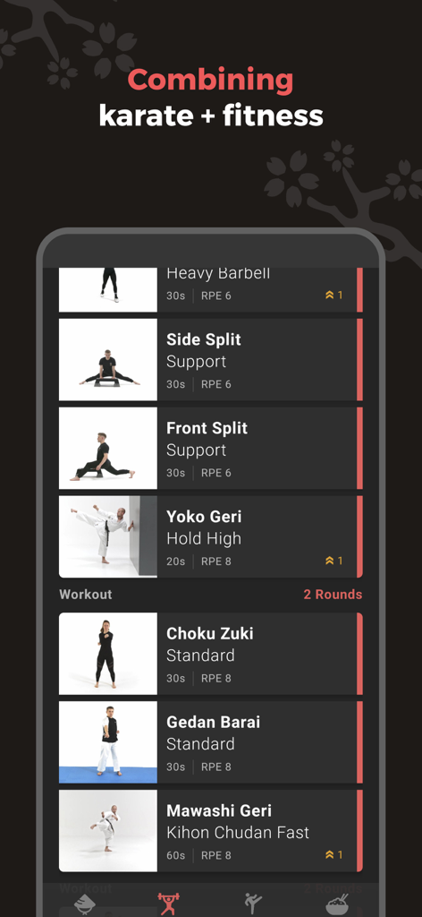 Dojo Athletics - Interfaz de la aplicación móvil Dojo Athletics que muestra una lista de ejercicios de karate como splits laterales y patadas con duraciones de entrenamiento.