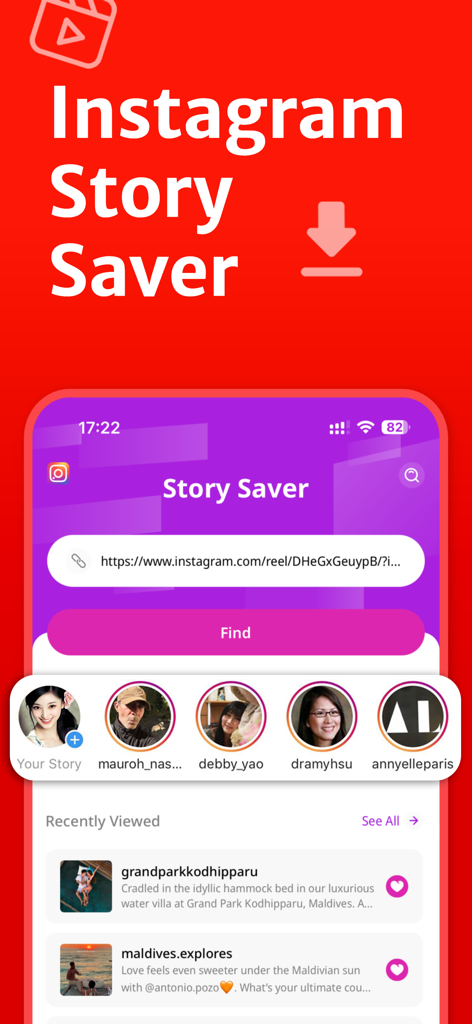 InSaver - Repost & Save - InSaver app interface featuring a search bar for Instagram links and a row of active story profiles.