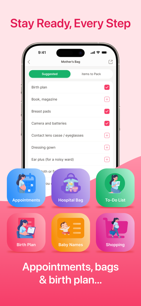 Pregnancy Tracker App ⁯ - Pregnancy app screen displaying a hospital bag checklist and icons for appointments birth plan and baby names