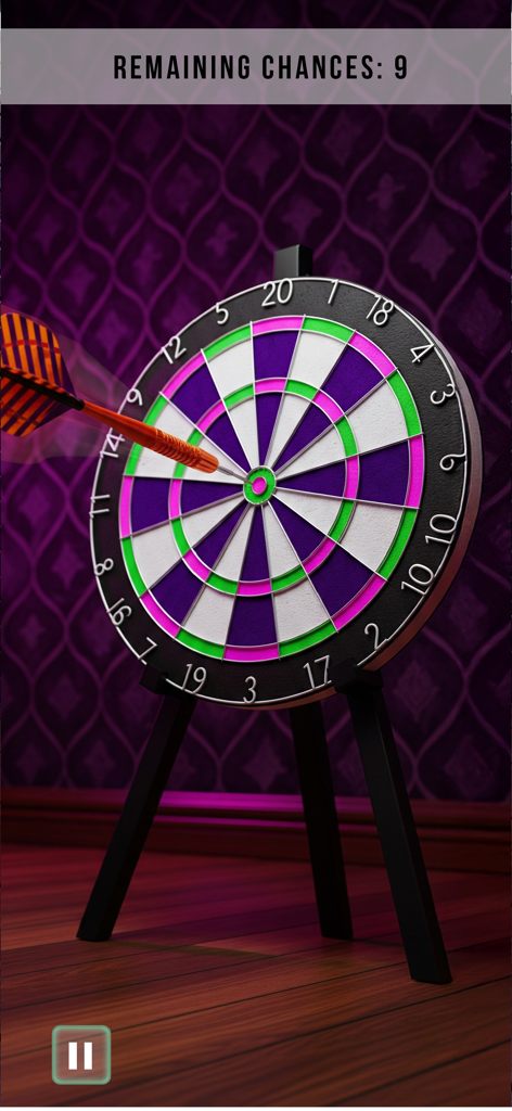Dart Games 3D: Arrow Master - Un dardo volando hacia una diana de dardos 3D colorida en un acogedor entorno interior