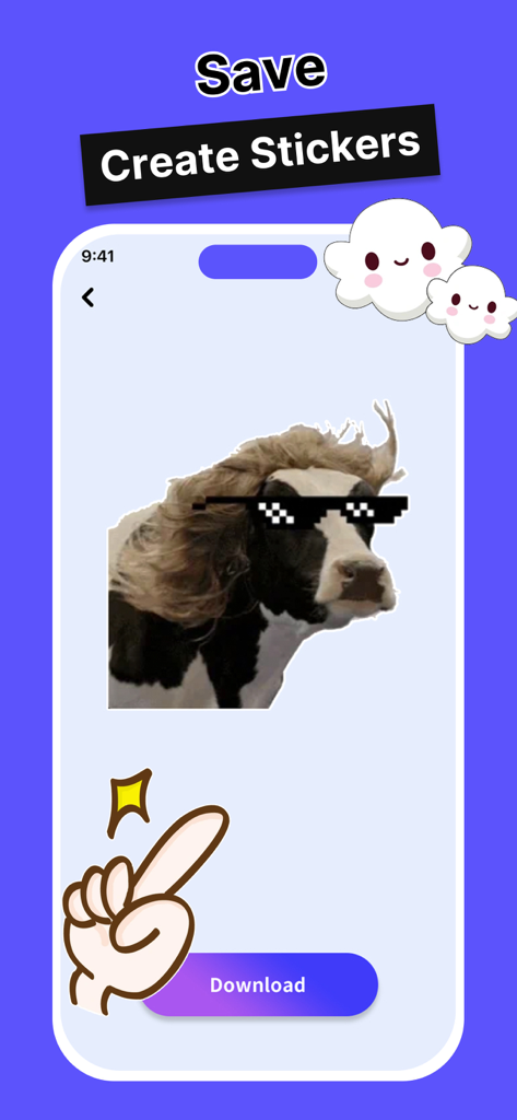 Sticker by Sticker Maker - Mobile app interface showing a funny cow meme sticker with a download button