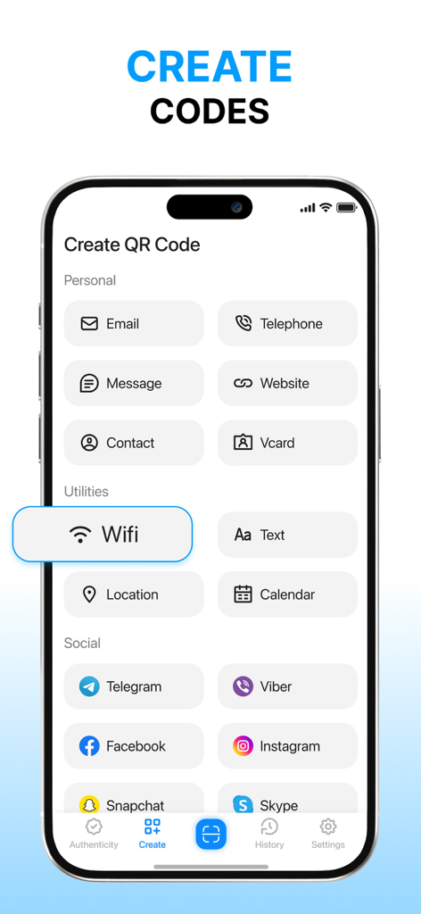 Scan QR Code Master - Una interfaz móvil para crear códigos QR personalizados para wifi, redes sociales y contactos personales