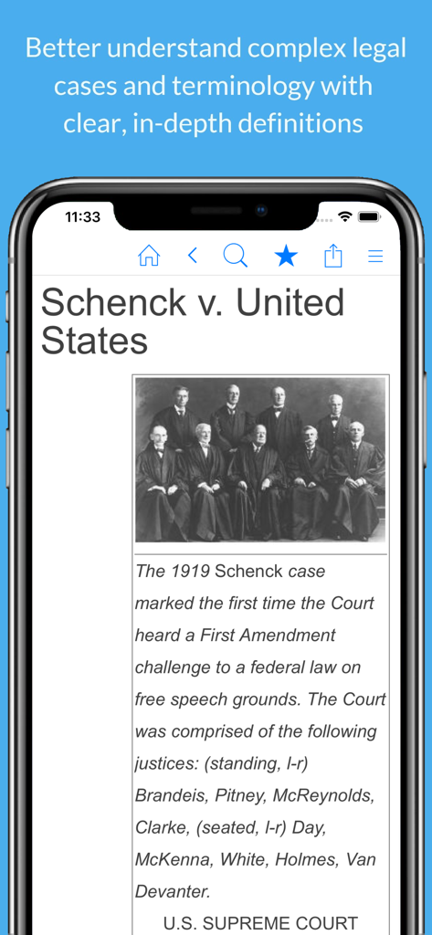 Screenshot of the Legal Dictionary app showing information about the Schenck v United States court case