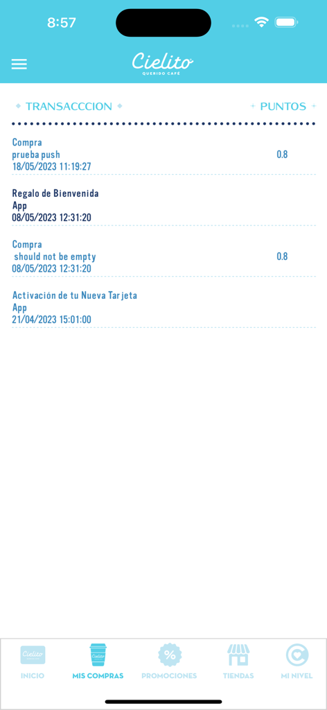 Cielito Querido - Transaction and points history screen within the Cielito Querido loyalty app showing recent purchases and rewards.