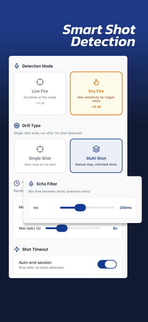 Shot Session - IPSC Timer - Tela de configurações do aplicativo Shot Session IPSC Timer com modos de detecção de tiro real e dry fire.