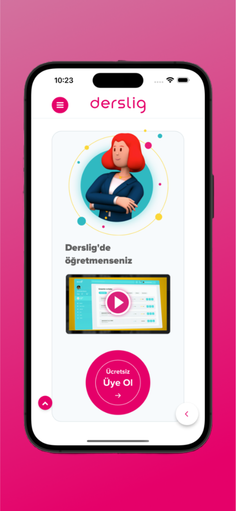 Derslig - Derslig mobile app screen for teachers featuring a free registration button.