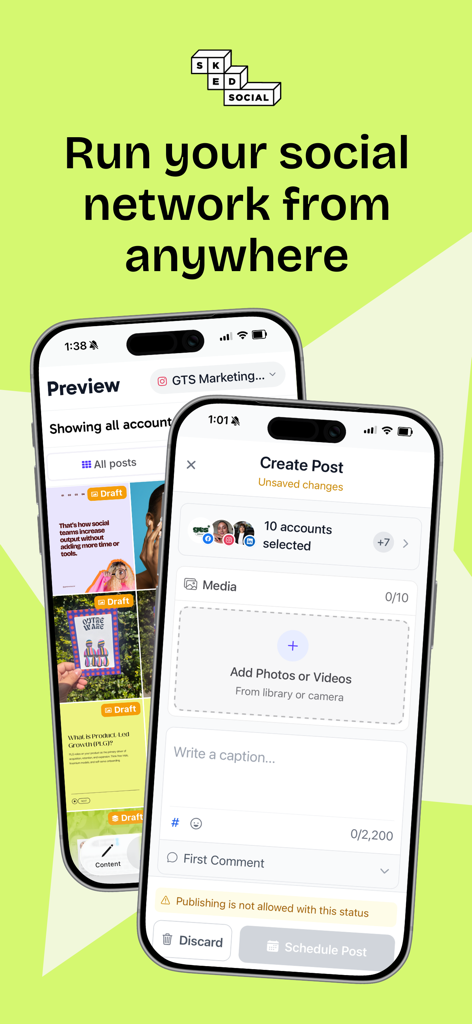 Sked Social - Interface of Sked Social mobile app showing post creation and feed preview on iPhone