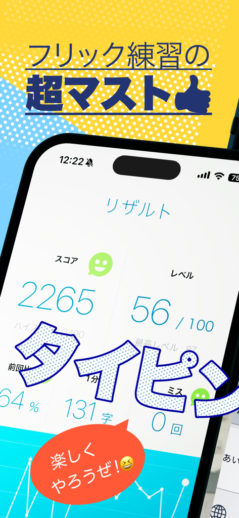 日本語フリックタイピング練習の結果画面、スコアとレベルが表示されています