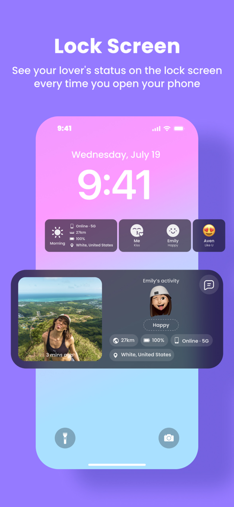 LiveStatus - App for couples - iPhone lock screen featuring LiveStatus widgets that show real-time activity and photos from a partner