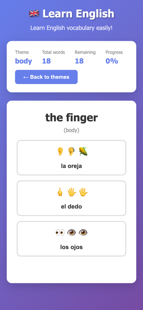 English Easy –Learn Vocabulary - Interactive English vocabulary matching quiz for body parts with Spanish translations