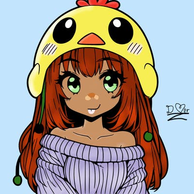 anime girl with chick shaped hat with sweater with bare shoulders with bangs covering them one eye with low tail