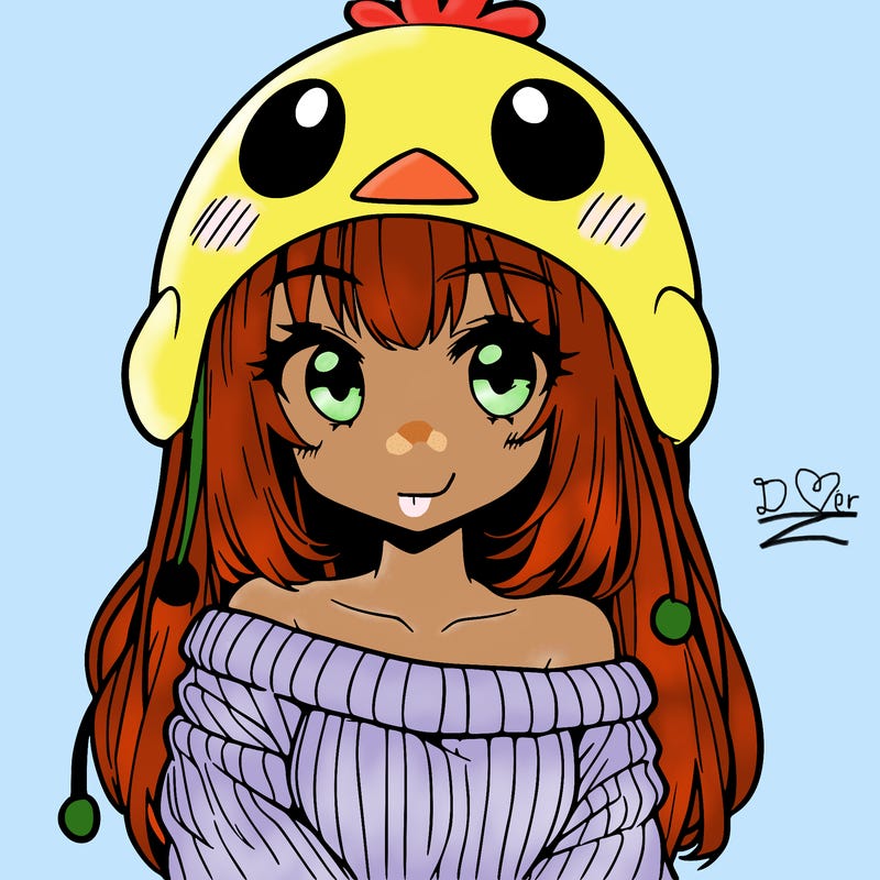 anime girl with chick shaped hat with sweater with bare shoulders with bangs covering them one eye with low tail