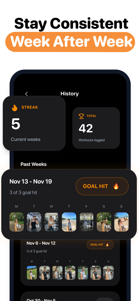 Sweatmates: Couples Fitness - A screenshot of the Sweatmates app interface showing workout history and consistency streaks for couples
