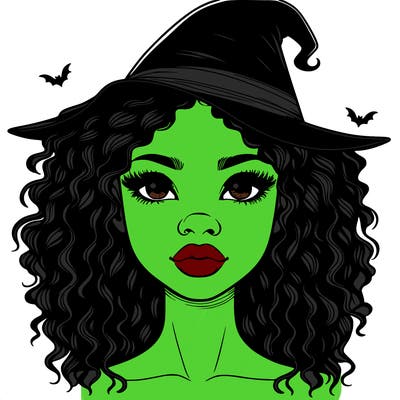 realistic black girl with wavy hair and witch hat and nose and lips