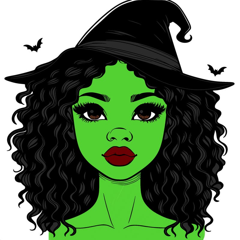 realistic black girl with wavy hair and witch hat and nose and lips