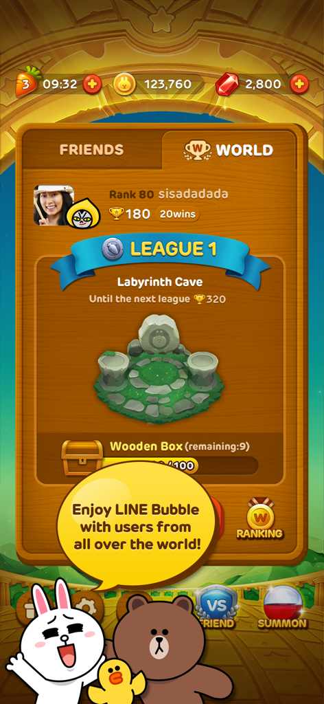 LINE Bubble! - LINE Bubble game interface showing the World League ranking screen and iconic characters