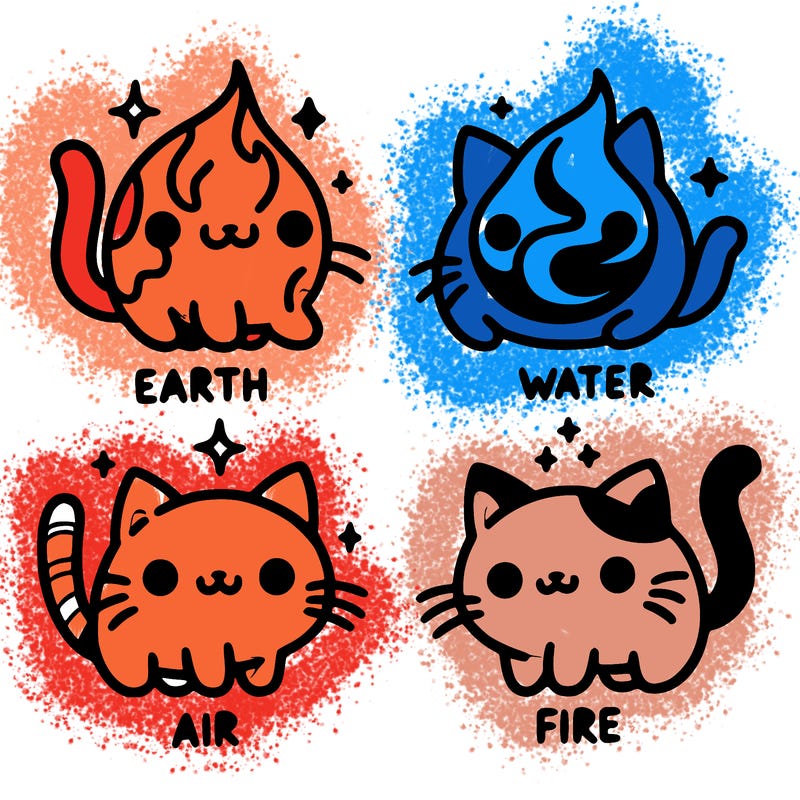 4 cats that represent the different elements, earth, water, air, and fire