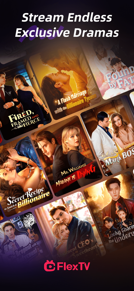 FlexTV: Short Dramas/Reels/TV+ - Una selezione di poster di drammi verticali in formato breve sull'app FlexTV