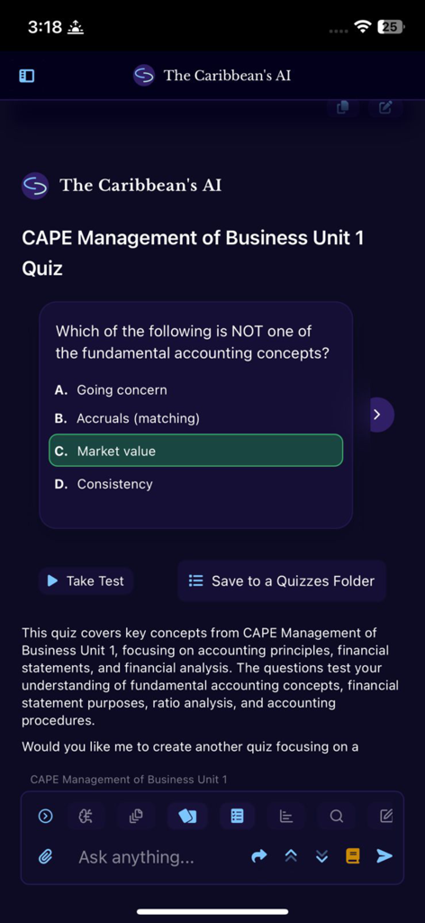 The Caribbean's AI - Interfaz de la aplicación La IA del Caribe con una pregunta de cuestionario de Gestión Empresarial de CAPE sobre contabilidad.