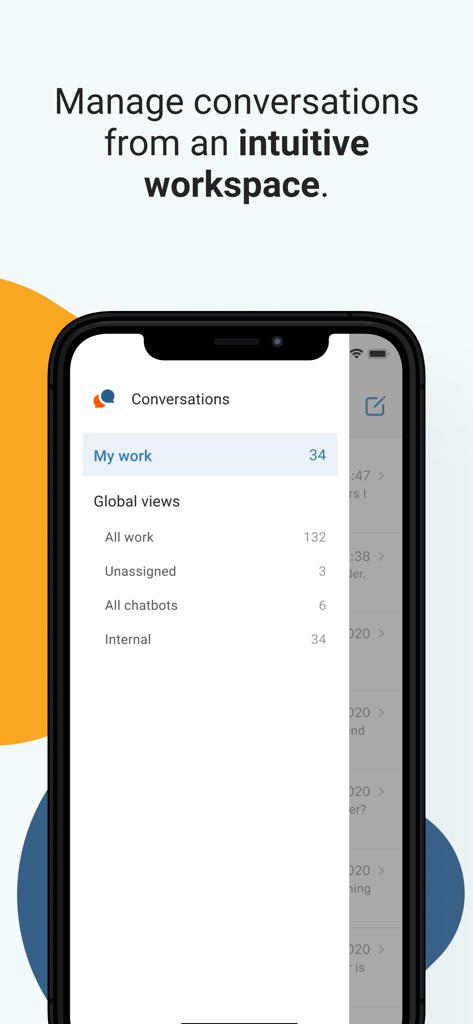 Interface do aplicativo Infobip Conversations mostrando o menu intuitivo de espaço de trabalho com categorias de conversas