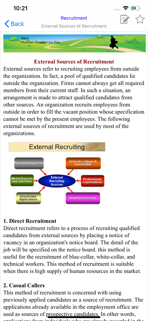 Tela do aplicativo MBA Gestão de Recursos Humanos mostrando fontes externas de recrutamento com um diagrama e definições
