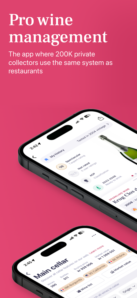 Vinify: Wine cellar & reviews - Vinify app interface on iPhones showing pro wine cellar management and expert ratings