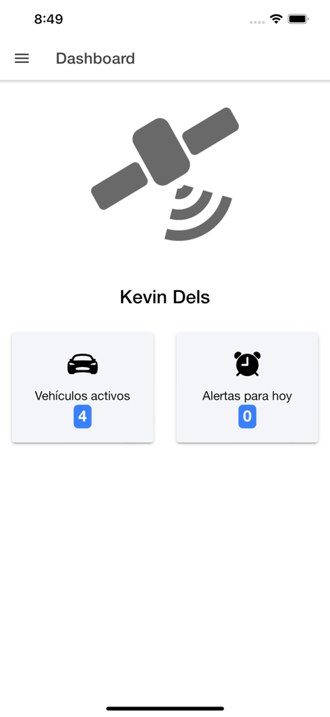 Rastreo GPS v2 - Panel móvil de Rastreo GPS v2 mostrando recuentos de vehículos activos y alertas
