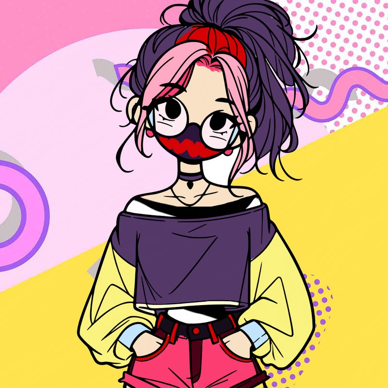 girl with a messy ponytail glasses a baggy crop top and jean shorts