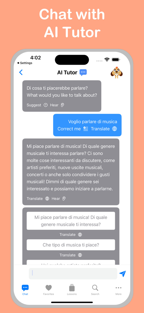 Chatten Sie mit einem KI-Tutor in der Italienisch Plus-App, um Italienisch zu sprechen zu üben