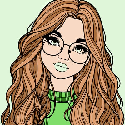 girl with long hair and freckles and glasses realistic