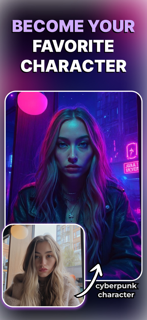 PixieAI - Magic Photo Editor - Una comparación que muestra a una mujer transformada en un personaje cyberpunk con luces de neón usando PixieAI.