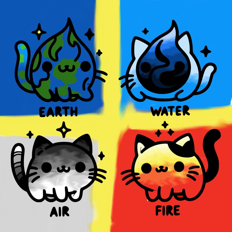 4 cats that represent the different elements, earth, water, air, and fire
