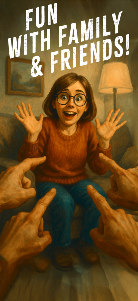 WOLF - Party Game - An illustration of a woman looking surprised while people point at her during a social deduction game with the text Fun with Family and Friends.