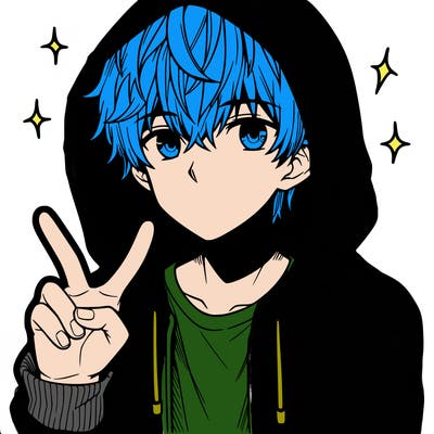 teenage manga boy in a hoodie, doing ✌