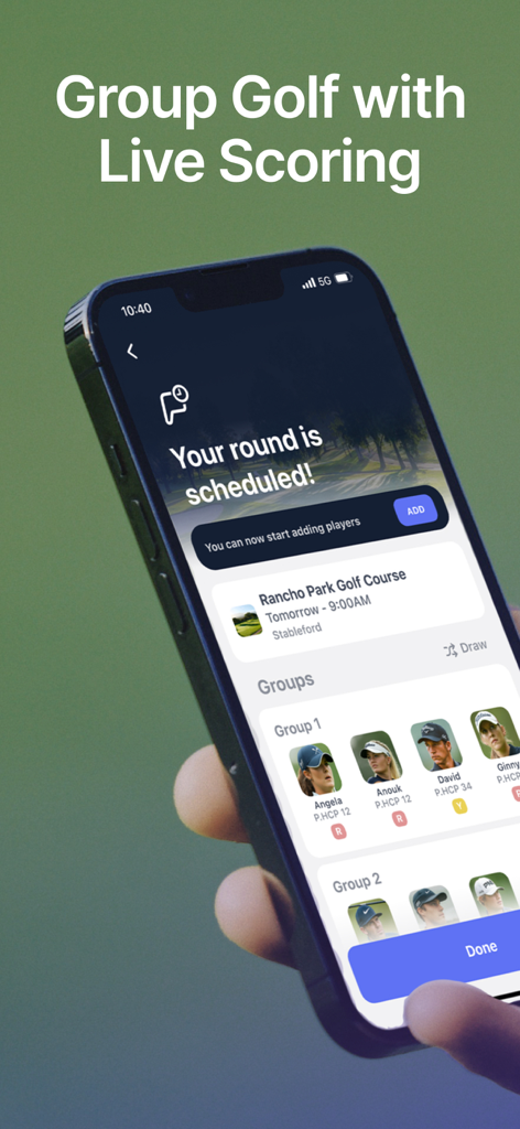 A smartphone screen showing the Hole19 app feature for scheduling group golf rounds with live scoring and player groups