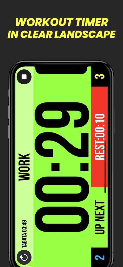 Timer Plus app displayed in landscape mode showing high-contrast HIIT workout timer interface