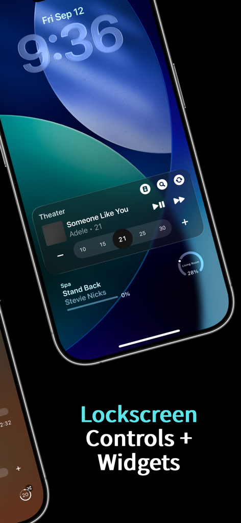 Clic for Sonos - iPhone-Sperrbildschirm mit Clic for Sonos-Musikwiedergabesteuerung und Raumlautstärke-Widgets