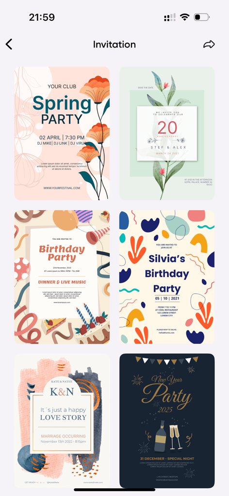 Flyer AI. Poster design maker - Una raccolta di modelli di inviti colorati e moderni per vari eventi come feste e matrimoni all'interno dell'app Flyer AI