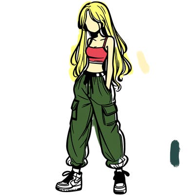 girl in baggy pants crop top and long hair