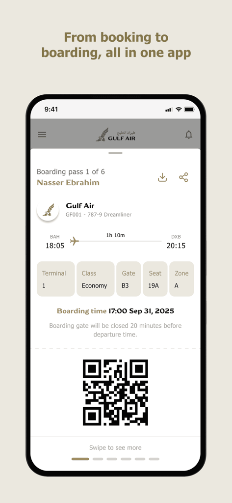 Gulf Air - Gulf Air mobile app interface showing a digital boarding pass with flight details and a QR code