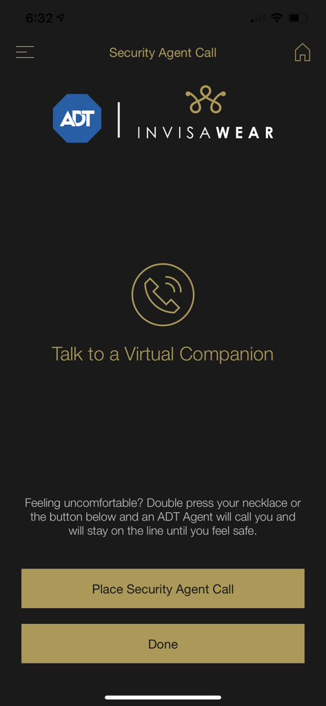 invisaWear - Bildschirm der invisaWear-App für die Funktion des ADT-Sicherheitsagenten-Anrufs