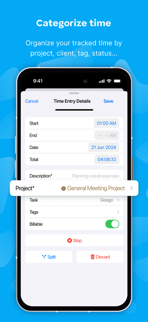 Clockify Time Tracker - Interface de l'application mobile Clockify pour catégoriser les entrées de temps par projet et par tâche
