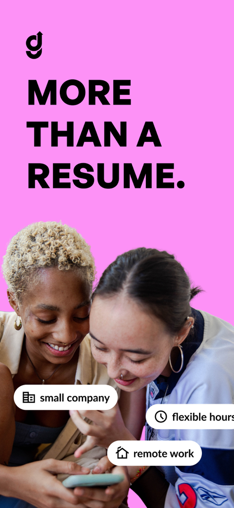 Getahead - Swipe a job today - Two young women looking at a phone with the Getahead app logo and text More Than A Resume over a pink background