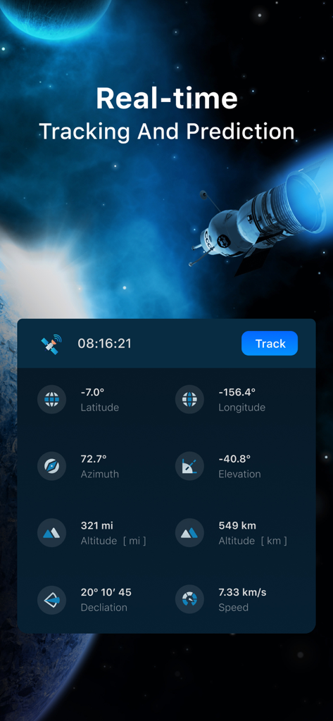 Starlink Satellite Tracker ISS - Interface of the Starlink Satellite Tracker app showing real-time orbital data including latitude, longitude, altitude, and speed