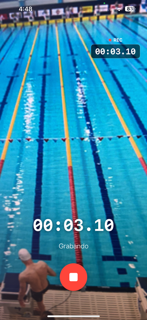 SwimCam - SwimCam app interface showing a live recording of a swimming pool with an integrated timer