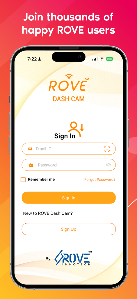 Rove Dash Cam - Rove Dash Cam app sign in screen for user login